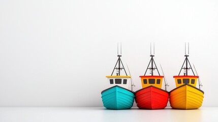 Three Colorful Miniature Fishing Boats on White Background