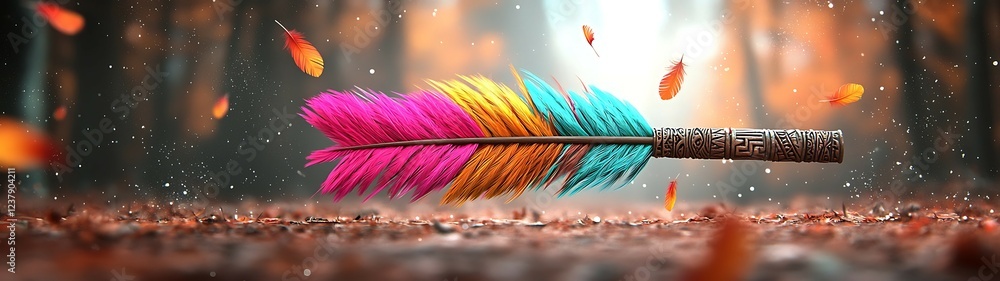 Canvas Prints a vibrant arrow with colorful feathers rests on a forest floor, surrounded by autumn leaves and soft