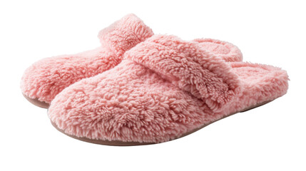 Pair of pink fluffy slippers isolated on transparent background