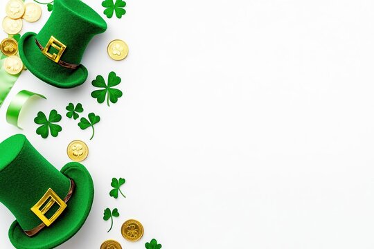 St. Patrick's Day frame with three-leaf and four-leaf clover, pot of gold, glasses, green fedora on a white background. St. Patrick's Day party invitation template, greeting card