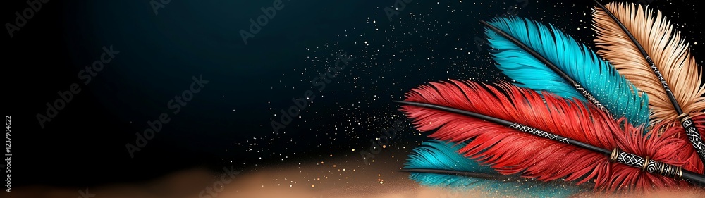 Poster colorful feathers with a sparkling background, creating an enchanting and whimsical atmosphere. feat
