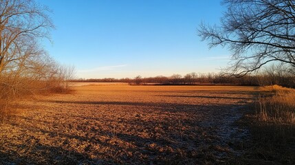 Fototapeta premium A peaceful landscape of a field at sunset, with warm golden light casting long shadows.