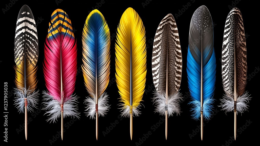 Poster colorful feathers displayed in a row against a black background, showcasing various patterns and vib