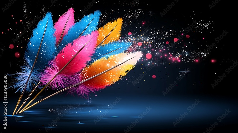 Poster colorful feathers arranged artistically with a sparkling background, creating a vibrant and playful 