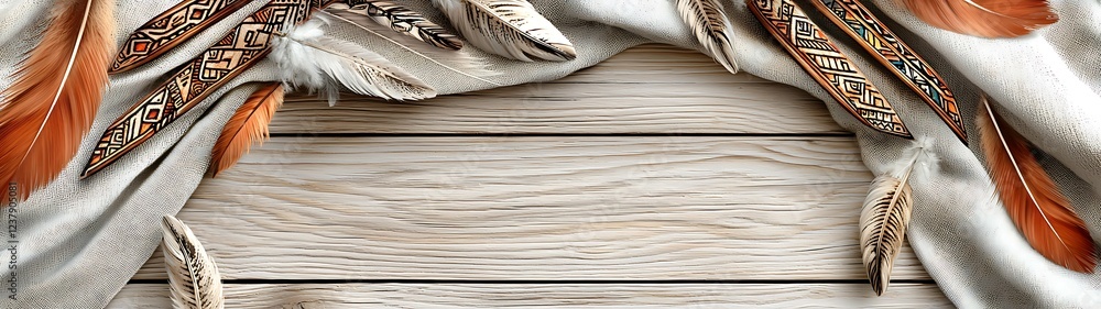 Poster elegant fabric draped over a rustic wooden surface, showcasing intricate patterns and textures in ea