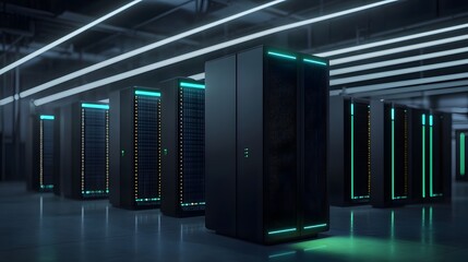 High-Tech Solid State Battery Storage Units with Neon Glow in Modern Data Center Environment