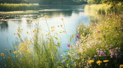 Fototapeta premium A peaceful riverbank with wildflowers and tall grasses, bathed in warm sunlight.