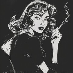 Vintage Monochrome Ink Drawing of a Femme Fatale