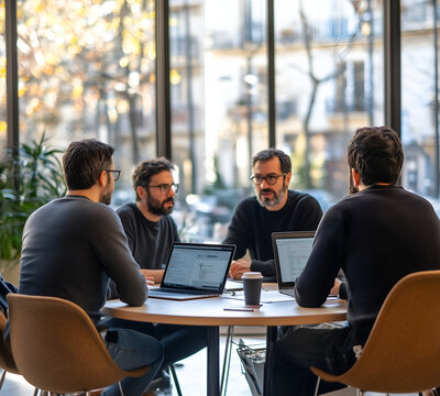 4 people sitting around round table, discussing ideas for software development in the office