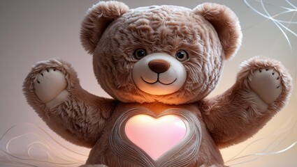 A cuddly brown teddy bear with bright eyes, a glowing LED heart, and silver thread patterns, exuding warmth and affection with open arms, set against a creamy background.
