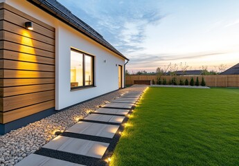 Garden with Illuminated Stone Paver Path Leading to Modern House
