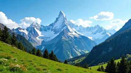 Obraz premium Majestic snow-capped mountain peak dominates a breathtaking alpine landscape, showcasing vibrant green meadows and lush coniferous forests under a brilliant blue sky