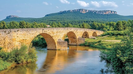 Fototapeta premium Historic Stone Arch Bridge over Calm River in Picturesque Mountain Landscape