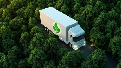 White Glowing Truck Icon Floating Above Forest with Green Leaves Inside
