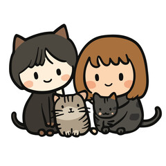 Cute illustrated cats group vector. Shelter worker feeding a group of cats care compassion.  There are many different colored cats that are grouped together Art & Illustration