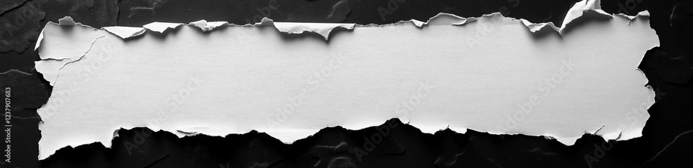 Poster white paper tear with empty space for text, isolated on a black background, panoramic banner. the to