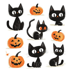 Cute illustrated cats group vector. Shelter worker feeding a group of cats care compassion.  There are many different colored cats that are grouped together Art & Illustration