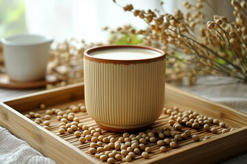 A fresh glass of soy milk served in a bamboo cup, surrounded by soybeans on a natural wooden tray.