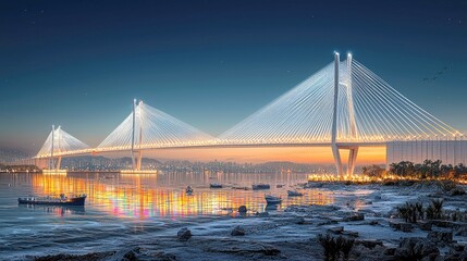Obraz premium Majestic Night View of a Modern Suspension Bridge over a Calm City Waterway