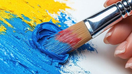 Fototapeta premium A hand paints vibrant blue and yellow colors