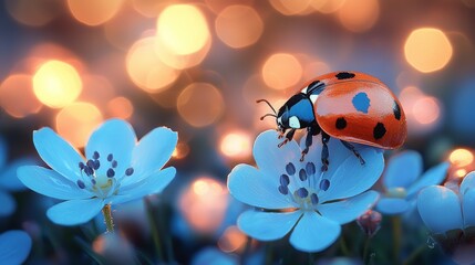 Ladybug on blue flowers at dusk, bokeh background; nature photography