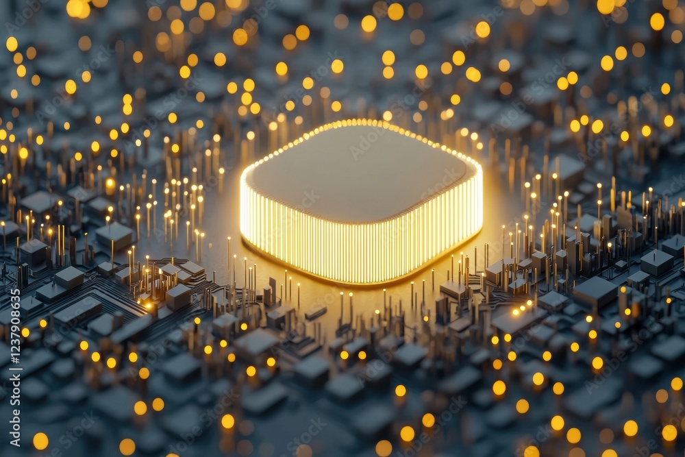 Poster modern telecommunications hub surrounded by glowing data points and circuits