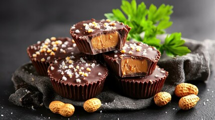 A plate of chocolate cups filled with creamy peanut butter, garnished with nuts, set against a dark background.