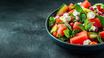 A vibrant salad featuring watermelon, cucumber, mint, and feta cheese in a dark bowl, perfect for summer refreshment.