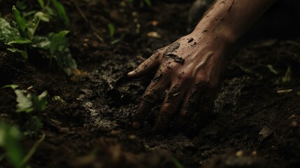 Hand Digging in Dark Muddy Soil Showing Hard Work and Connection with Nature and Agriculture