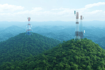 Obraz premium Aerial View of Networked Communication Towers on Green Hills in Mountain Landscape