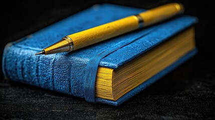 Fototapeta premium A Yellow Pen Rests Upon A Blue Notebook