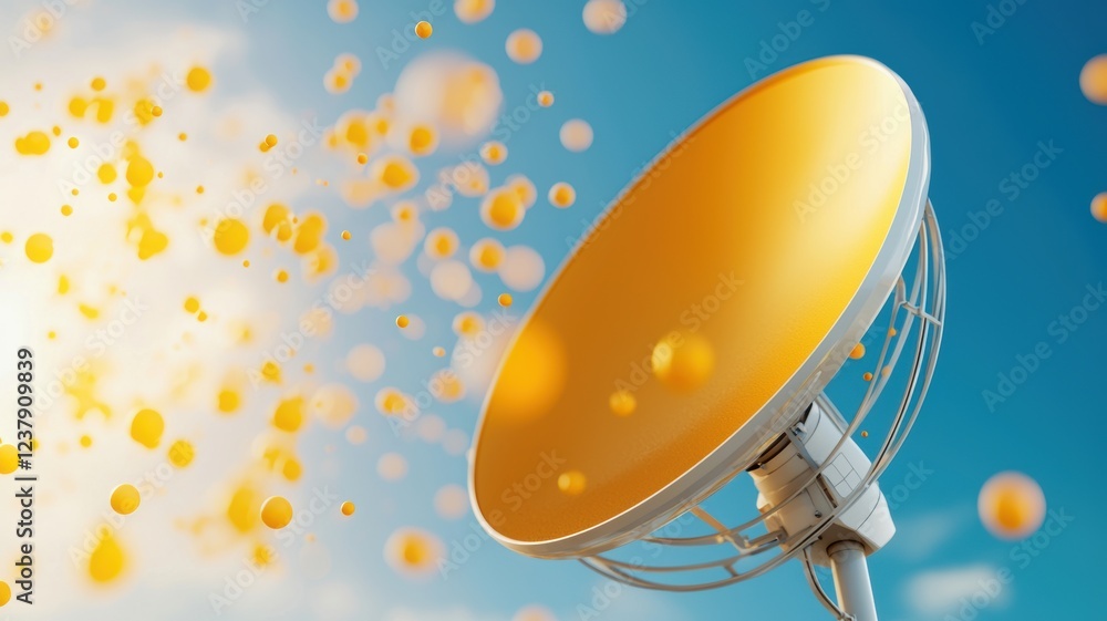 Poster data clusters orbiting wireless signal antenna with colorful particles in sky