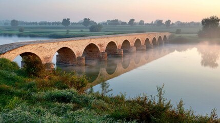 Fototapeta premium Ancient Stone Bridge over Calm River at Sunrise. Picturesque Landscape, Misty Morning, Tranquil Scene, Scenic View