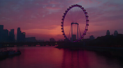 Obraz premium Cityscape sunset, Ferris wheel, river reflection