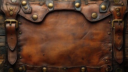 Fototapeta premium Aged Leather Texture with Metal Accents: Rustic Brown Background