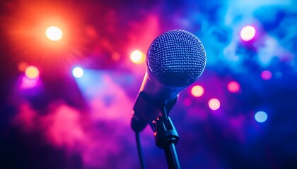 Obraz premium Microphone On Stage With Colorful Lights