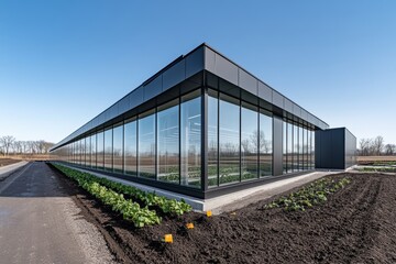 Fototapeta premium Modern Greenhouse with Glass Walls Surrounded by Rows of Vegetables and Herbs