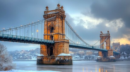 Fototapeta premium Majestic Winter Bridge: A Stunning Architectural Marvel in a Snowy Cityscape