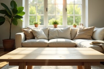 Fototapeta premium Sunlight Dapples Wooden Coffee Table in Front of a Cozy Living Room Sofa with Natural Decor