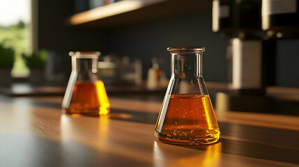 Lab Erlenmeyer flasks amber liquid research