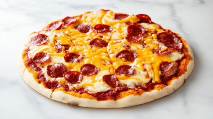 Delicious pizza topped with rich tomato sauce, melted mozzarella, and flavorful cheddar cheese.