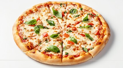 Delicious Margherita pizza with fresh basil, mozzarella, and vibrant tomato sauce, perfect for any pizza lover.