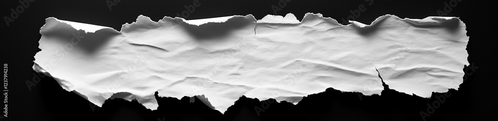 Poster white paper tear with empty space for text, isolated on a black background, panoramic banner. the to