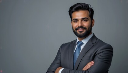 A proud, confident Indian businessman with a well-groomed beard, standing with his arms crossed against a neutral gray background.