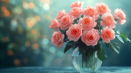 Obraz premium A beautiful bouquet of soft pink roses fills a delicate glass vase, their petals naturally unfurling in a harmonious display. 