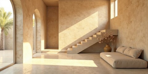 Serene Minimalist Interior Design Featuring a Modern Staircase and Plush Daybed in a Light Beige Room with Natural Light