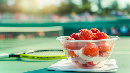 Strawberries and cream on tennis court with tennis racket in background. Concept of Wimbledon tournament, British tennis competitions, summer sports. Perfect for tennis culture, tournament promotions