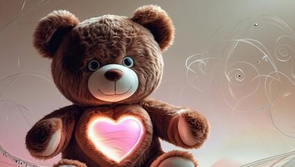 A cuddly brown teddy bear with bright eyes, a glowing LED heart, and silver thread patterns, exuding warmth and affection with open arms, set against a creamy background.