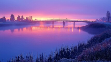 Fototapeta premium Serene Sunrise Landscape: Bridge over Calm River at Dawn