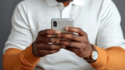 Man using smartphone, grey background.  Social media, communication, technology